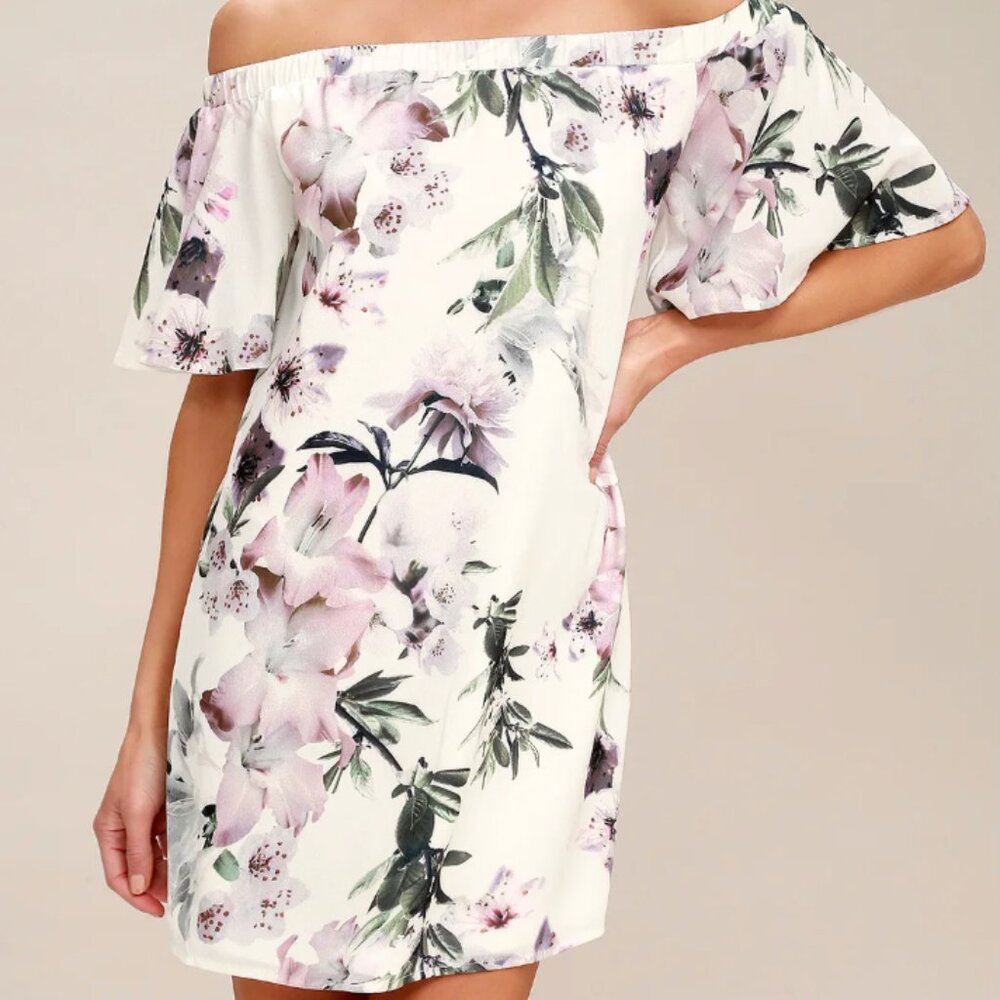 Lulus Ivory Floral Print Off-the-Shoulder Shift Dress / Medium. EUC